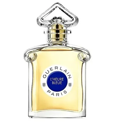 A clear studio shot of a Guerlain L'Heure Bleue Eau de Toilette bottle.