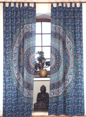 Produktbild von Boho Vorhänge, Gardine (1 Paar ) mit Schlaufen, Handbedruckter Ethno Style Vorhang, Mandala Motiv - Blau/türkis, Baumwolle, 230*100*0,2 cm, Dekovorhänge