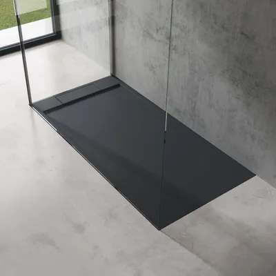 Produktbild von doporro Duschtasse Duschwanne 80x160x4 flach Mineralguss in Anthrazit DIN-Anschlüsse für bodenebene Montage geeignet Geoma04
