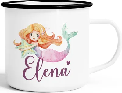 Produktbild von Emailletasse Meerjungfrau Prinzessin Kinder Motiv personalisiert Becher Emaille personalisierte Geschenke SpecialMe® weiß-schwarz Emailletasse