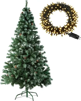 Image de Sapin de Noël artificiel avec pommes de pin et support métallique 180 cm - avec des guirlandes lumineuses