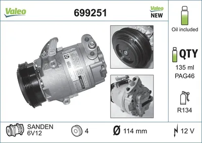 Produktbild von VALEO 699251 6V12 Klimaanlage Klimakompressor PAG 46 R134a für OPEL Corsa D Schrägheck (S07) Astra G CC (T98) Astra G Caravan (T98) Astra G Limousine