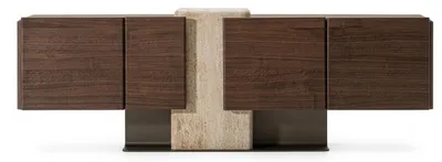 Image de Buffet élégant avec façade en bois, idéal pour une salle à manger. Meuble de rangement design, de luxe