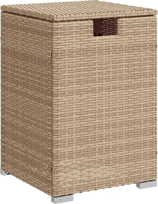 A beige poly rattan propane tank cover table.