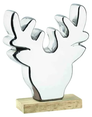 Produktbild von Rentierkopf in silber stehend auf Holz Dekofigur Glatt poliert H 19cm