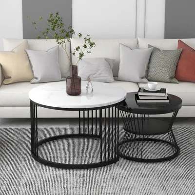 Zdjęcie produktu dla Okrągłe stoliki do salonu – zestaw 2 stolików kawowych – z miejscem do przechowywania – nowoczesny styl industrialny – 70 x 70 x 45 cm – czarny