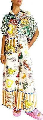 Produktbild von 2-teiliges Damen-Leinen-Set: Kurzarm-Hemd mit Knopfleiste, weites Bein und Hose, Lounge-Set, Boho-Druck, Sommer-Set, Color B