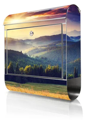 Produktbild von banjado Edelstahl Briefkasten mit Zeitungsfach mit Motiv Karpaten Sonnenuntergang großer Design Postkasten rostfrei, A4 Einwurf [BKGE2 12313]