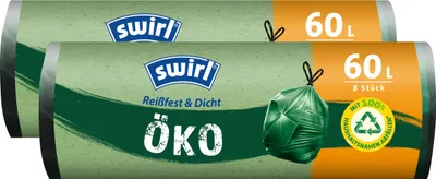 Produktbild von Swirl Öko Müllbeutel 60L 8 stk./ Rolle mit Zugband (2er Pack)