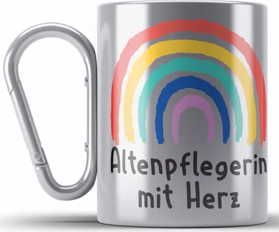 Produktbild von Trendation - Altenpflegerin mit Herz Edelstahl Tasse Karabiner Geschenk mit Spruch Karabiner Edelstahl Tasse Karabiner Edelstahl Zubehör Dankeschön (Silber)
