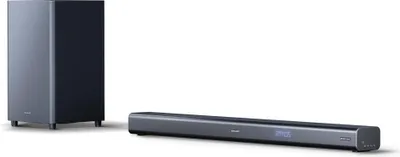 A soundbar and subwoofer are displayed against a white background.