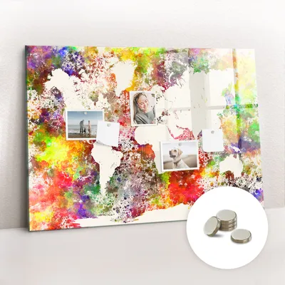 Produktbild von Magnetische Wandtafel aus Glas – Memotafel mit gebogener Vorderseite – Enthält 5 Magnete – 100x70 cm – Aquarellweltkarte