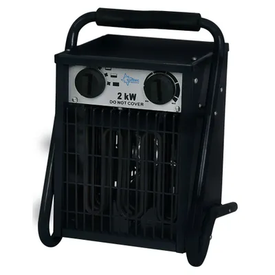 A black portable electric heater with a handle and wheels.
