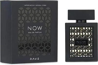 A black perfume box and bottle are displayed side-by-side against a white background.
