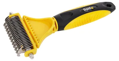 Obrázok produktu pre lionto kefa na psov obojstranná, kefa na odčesávanie a odstraňovanie podsady s čepeľami z nehrdzavejúcej ocele, ergonomická rukoväť, žltá/čierna
