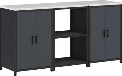 A three-piece modular storage unit with cabinets and open shelves, set against a white background.