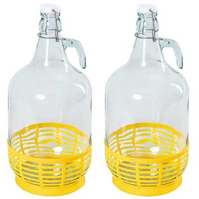 Produktbild von MIKONI 2 STÜCK x Bügelflaschen 5L Gelb Korb, Gärballon Glasballon Weinballon Fass 5000ml Weithalsballon Flasche mit Bügelverschluss