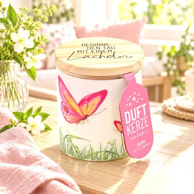 Produktbild von Duftkerze Jasmin „Beginne den Tag mit Lächeln“ 30 Std. 8,5 cm