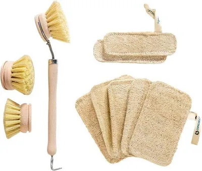 Produktbild von 7 Luffa-Schwämme und 1 Geschirrbürste mit 3 austauschbaren Köpfen | Nachhaltiges und wiederverwendbares Küchenzubehör, plastikfreie Reinigung, natürliche Materialien