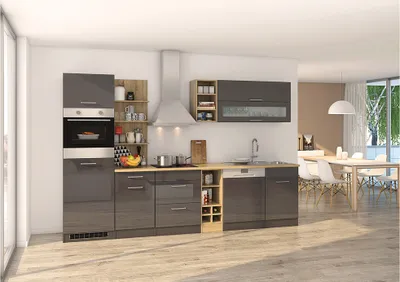 Produktbild von Küchenzeile grau glänzend 310 cm MARANELLO-03 inkl. E-Geräte, Anthrazit Hochglanz mit E-Geräten B x H x T ca. 310 x 200 x 60cm