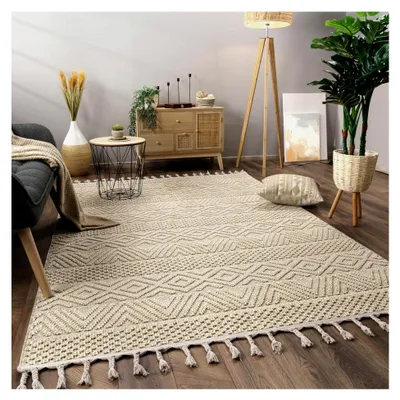 Produktbild von Teppich für Wohnzimmer und Schlafzimmer, Kurzflor, skandinavisches Boho-Muster, geometrische Optik, einfarbig mit Fransen, Größe: 120x160 cm, Farbe: Creme