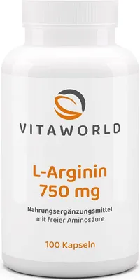 Produktbild von Vitaworld L-Arginin 750 mg | 100 Kapseln | hochreines Arginin als Base | aus Zuckerrohr fermentiert | natürlich | vegan