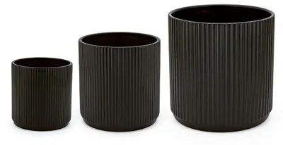 Productafbeelding van Amazon Basics, ronde keramische plantenpotten met ribbels, verschillende maten, 3 stuks, zwart, 15,2, 20,3 en 25,4 cm