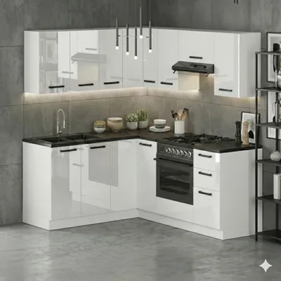Produktbild von ULWEHOME | Eckküche 360 cm Weiß Hochglanz, Küchenmöbel-Set mit Arbeitsplatten 3,6 m, Eckküchenzeile, L-Küche, Küchenzeile, Eckschrank