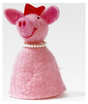 Produktbild von Eierwärmer in Form eines pinken Schweins mit Perlenkette aus Filz