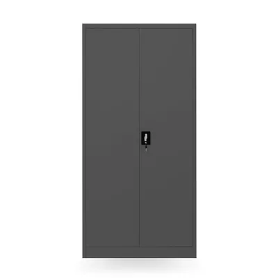 A grey metal cabinet with two doors and a lock is shown against a white background.