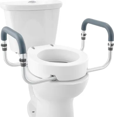 A toilet seat riser with armrests is attached to a standard toilet.