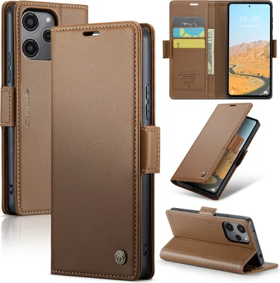 Collage of a brown leather phone case for a Xiaomi Redmi 12 5G/4G / Poco M6 Pro 5G, showing different angles and features.