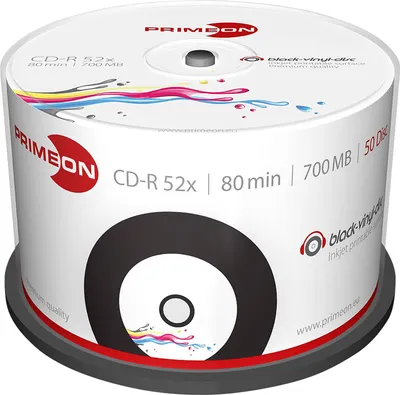 Produktbild von PRIMEON CD-Rohling CD-R 80Min 700MB 52X Cakebox 50 Stück black Vinyl printable