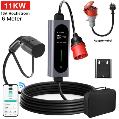 Obrázok produktu pre JUNSUN 11 kW typ 2 mobilná nabíjacie stanica pre elektromobily – s adaptérom CEE 16A a Schuko, IP65 vodotesná, 6–16 A, ovládanie cez aplikáciu