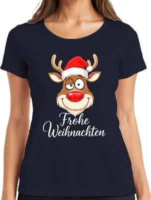 Produktbild von Frohe Weihnachten Rentier Rudolph Weihnachtsmütze Lustig Cartoon Damen T-Shirt, Navy, 3XL