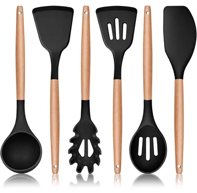 Productafbeelding van Keukenaccessoires, siliconen, 6-delig, met houten handgreep, hittebestendig, zwart