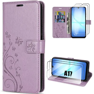 Image de Coque + 2 Verres Trempés pour Samsung Galaxy A17 4G/5G, Cuir Synthétique Motif Papillon Plante - Violet