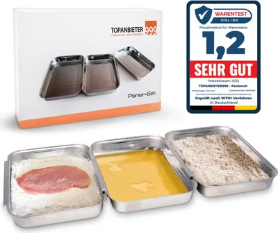 Image de TOPANBIETER 999 Premium Set de panure - 3 pièces en acier inoxydable de haute qualité - Lavable au lave-vaisselle - Parfait pour les escalopes - pour mariner et pour les légumes Panures de haute qualité 21,5 x 15 cm par panure