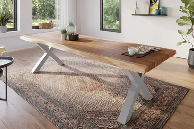 Produktbild von Esstisch 280 x 100 cm Akazie massiv natur Baumkantentisch X-Gestell silber ATLAS