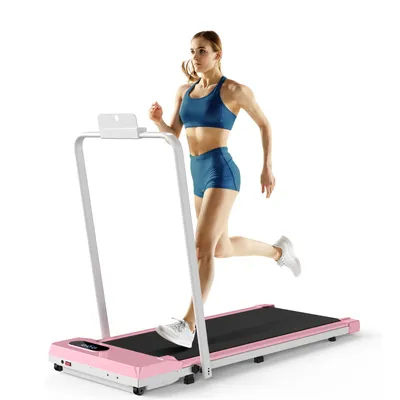 Zdjęcie produktu dla Składane bieżnie 2 w 1 – do 120 kg – matę do chodzenia 1–8 km/h – bezszczotkowy silnik 2,5 KM – z podłokietnikiem i wyświetlaczem LED – różowa