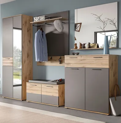Produktbild von Garderobe Set 5-teilig "Tomaso" Eiche und grau 280 cm mit Soft-Close