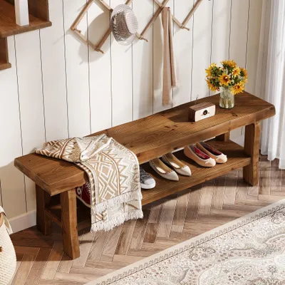 Produktbild von Tribesigns 140 cm Sitzbank aus Massivholz, Schuhbank zum Schuheanziehen mit offener Ablage, Flurbank für Eingangsbereich und Diele, Bettbank