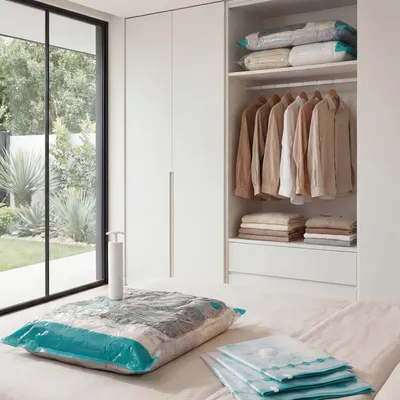 Produktbild von SONGMICS Vakuumbeutel Set, 8 wiederverwendbare Aufbewahrungsbeutel für Kleidung, platzsparend, 2 S/3 M/3 L, transparent