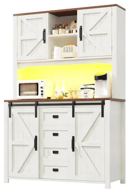 Image de Armoire de cuisine - Buffet avec portes coulissantes - Éclairage LED - Fabriqué en MDF et en métal - Dimensions : 115 x 40 x 174,7 cm - Blanc