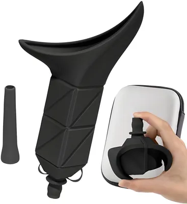 Produktbild von PolkaHome® Damen-Urinal – zusammenklappbarer Trichter, wiederverwendbar, Silikon, 16 x 12 x 3 cm, Schwarz