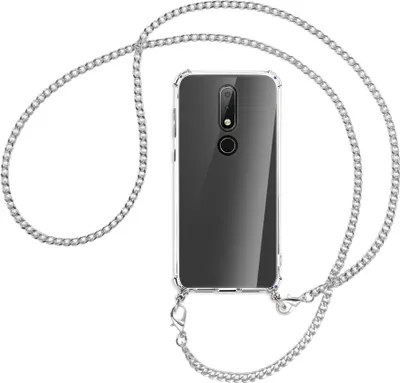 Produktbild von Handykette Backcover-Schutzhülle mit Band (Metall silberfarben) für Nokia 6.1 Plus / X6 - silberfarbene Kette