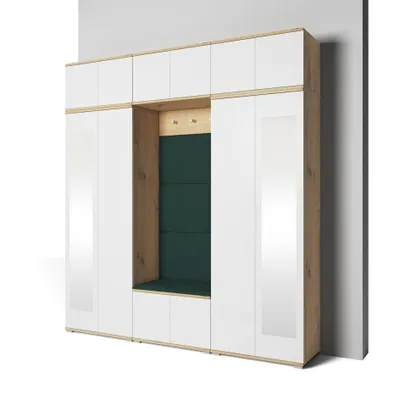 Produktbild von Garderoben-Set Aura Version 4 :Kleiderschrank mit Polsterpaneelen, Hängeschrank für Flur und Eingangsbereich (Weiß / Eiche Artisan/Trinity 28)