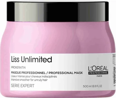 A pink jar of L'Oréal Liss Unlimited hair mask with a black lid, set against a white background.