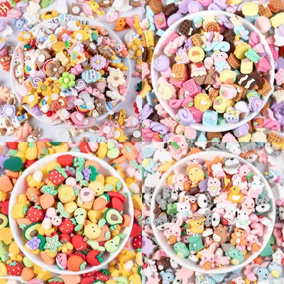 Produktbild von Slime-Charms – 100 Stück Harz-Flachanhänger mit süßen Motiven – Für DIY-Projekte, Schmuckherstellung, Handyhüllen, Haarschmuck und Scrapbooking – Bunt
