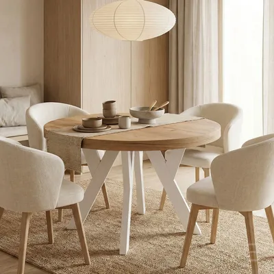 Produktbild von Runder Ausziehbarer Tisch für Esszimmer, PERO, Loft-Stil, Skandinavische, Durchmesser: 110 / 210 cm, Farbe: Eiche Lancelot / Weiss
